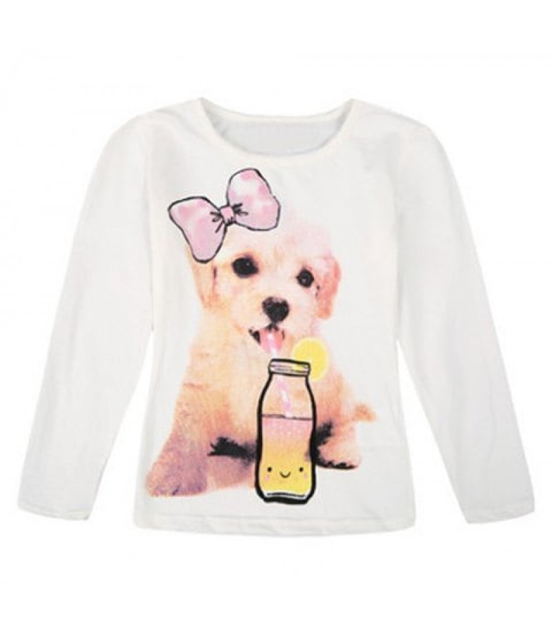 Stylish Dog and Bottle Pattern Long Sleeve Round Neck Girl's T-Shirt