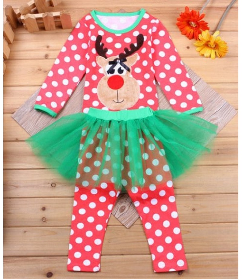 Stylish Girl's Polka Dot Deer Pattern T-Shirt + Pants + Mesh Skirt Three Piece Suit