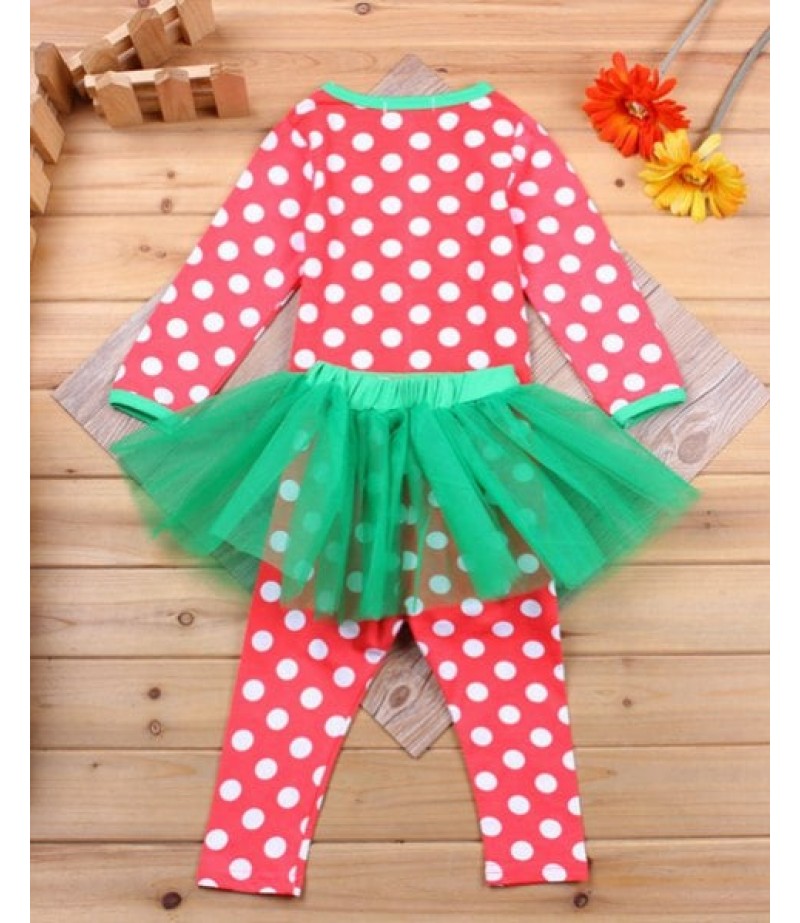 Stylish Girl's Polka Dot Deer Pattern T-Shirt + Pants + Mesh Skirt Three Piece Suit