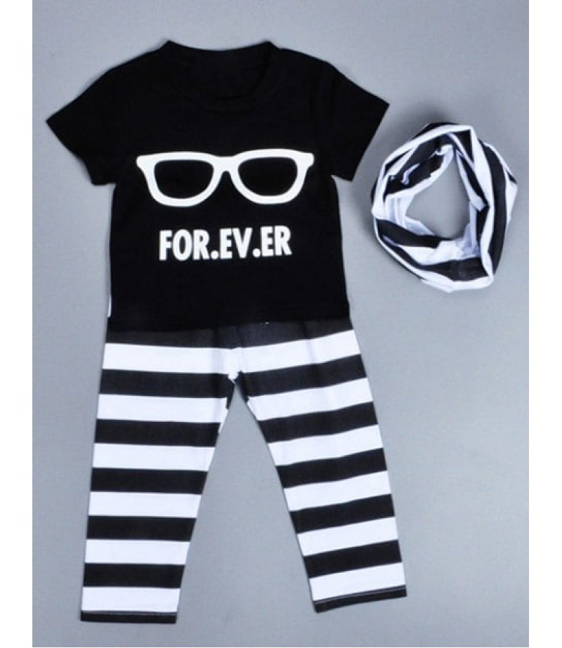 Stylish Boy's Sunglasses T-Shirt + Striped Pants + Scarf Suit