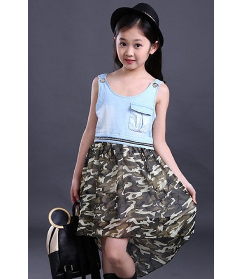 Cute Scoop Neck Sleeveless High Low Girl's Camouflage Color Dress