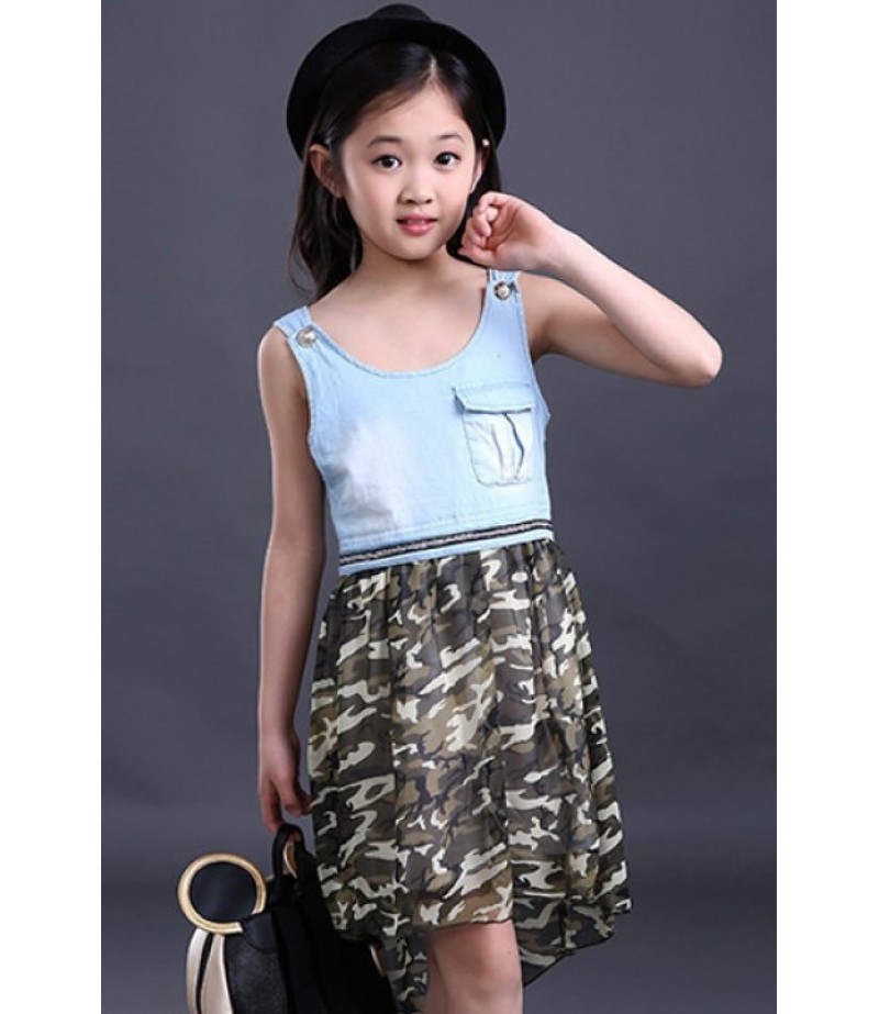 Cute Scoop Neck Sleeveless High Low Girl's Camouflage Color Dress