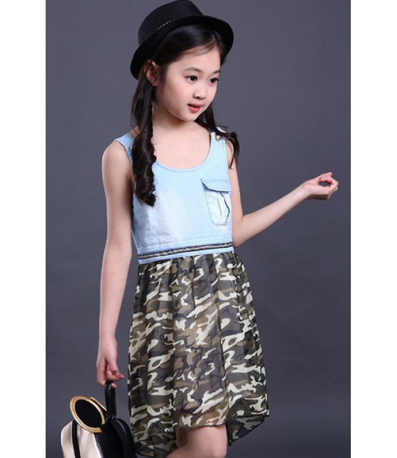 Cute Scoop Neck Sleeveless High Low Girl's Camouflage Color Dress