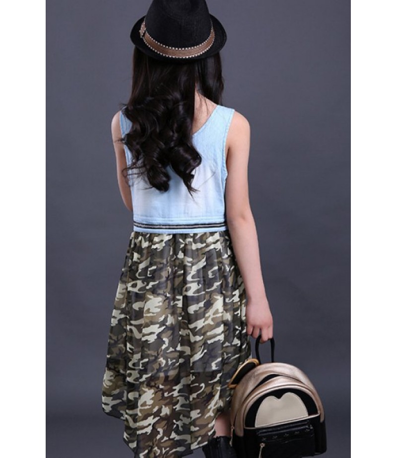 Cute Scoop Neck Sleeveless High Low Girl's Camouflage Color Dress