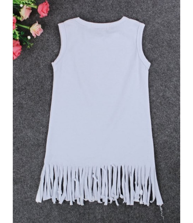 Casual Fringed Sleeveless Round Neck Letter Print Girl's Dress