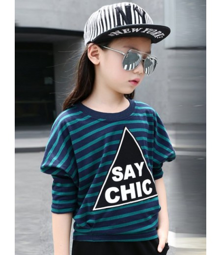 Batwing Sleeve Letter Print Striped T-Shirt