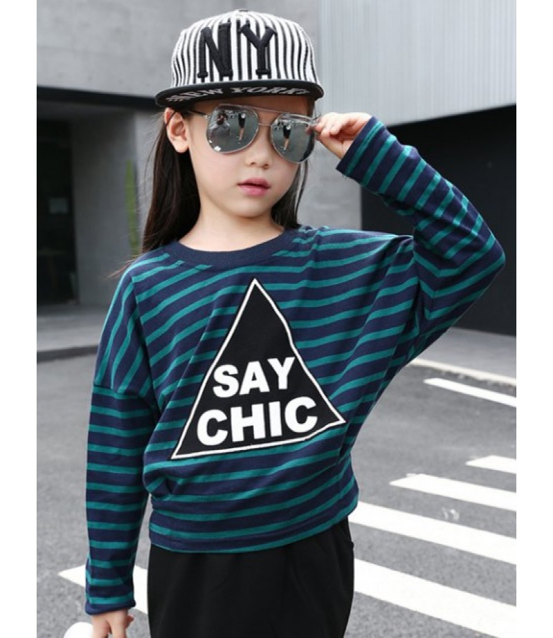 Batwing Sleeve Letter Print Striped T-Shirt