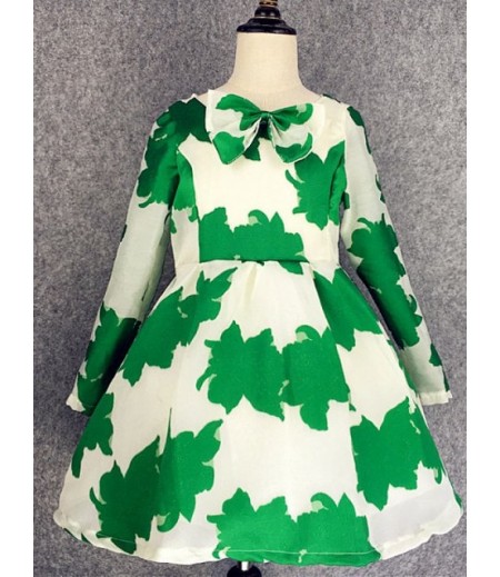 Long Sleeve Bowknot Design Leaf Print Dress