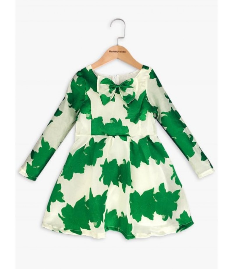 Long Sleeve Bowknot Design Leaf Print Dress