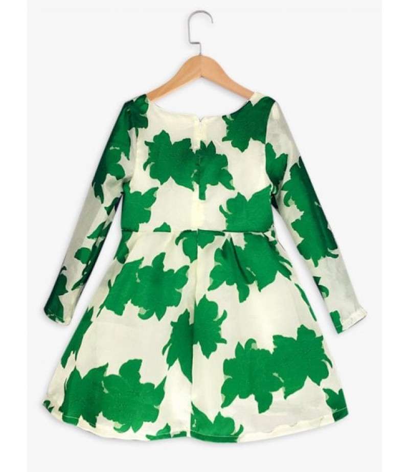 Long Sleeve Bowknot Design Leaf Print Dress