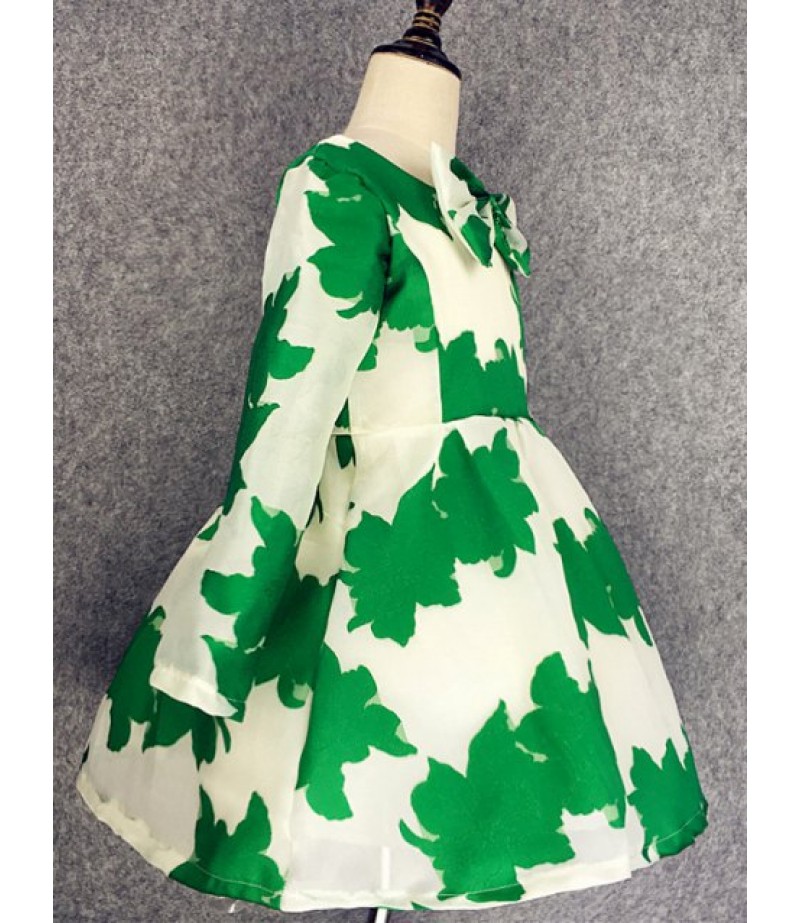 Long Sleeve Bowknot Design Leaf Print Dress