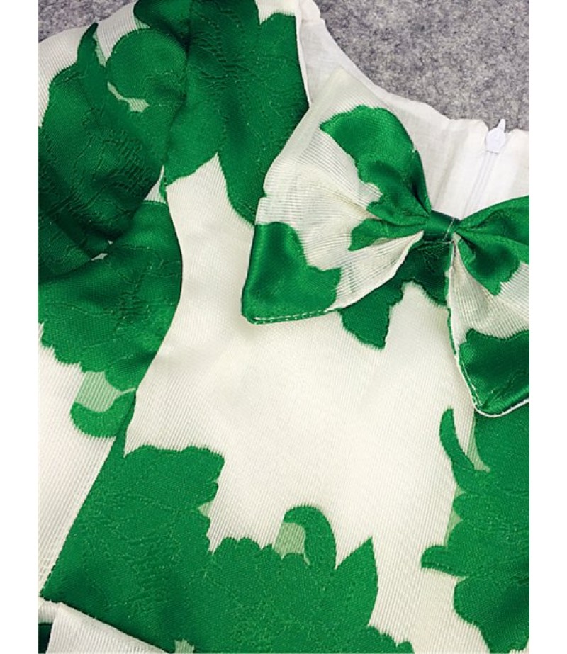 Long Sleeve Bowknot Design Leaf Print Dress