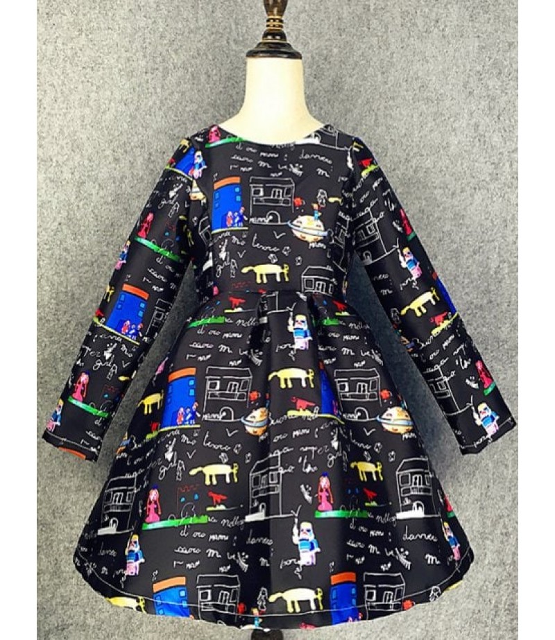 Long Sleeve Cartoon Scrawl A Line Dress