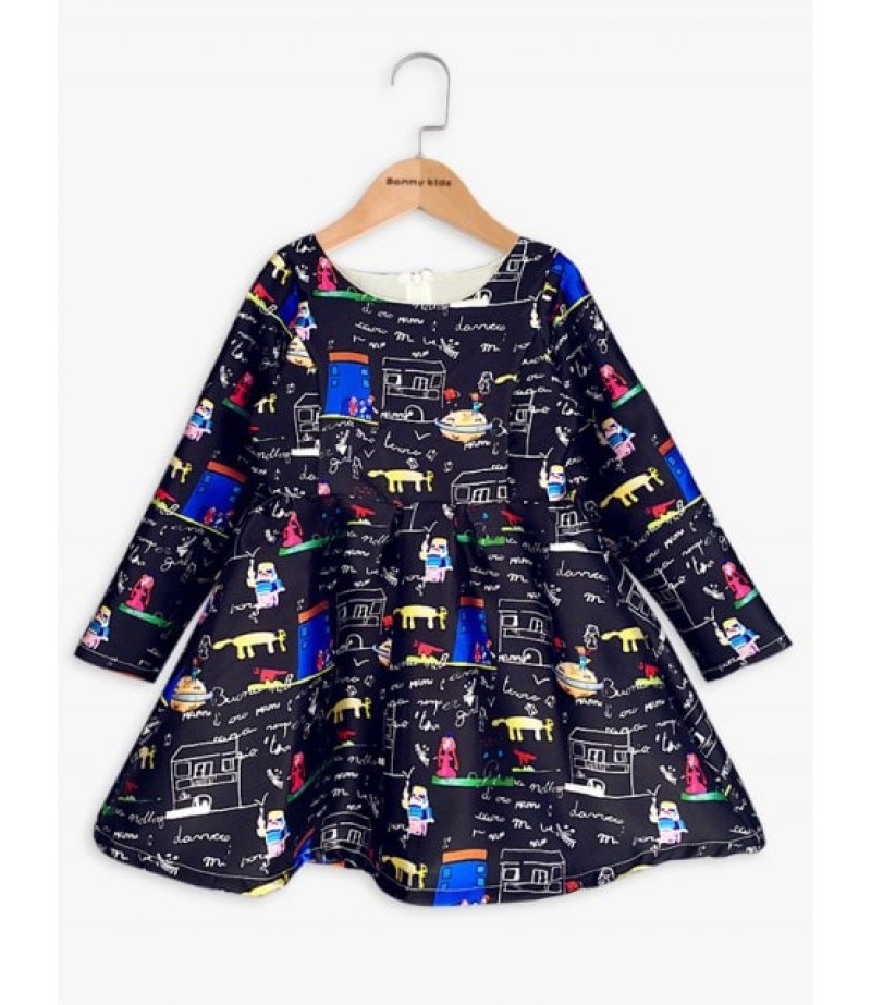 Long Sleeve Cartoon Scrawl A Line Dress