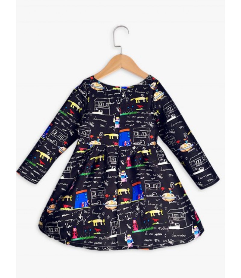 Long Sleeve Cartoon Scrawl A Line Dress