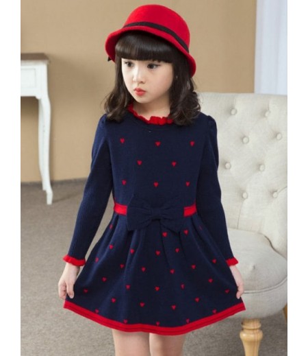 Ruffled Neck Heart Print Knitting Dress