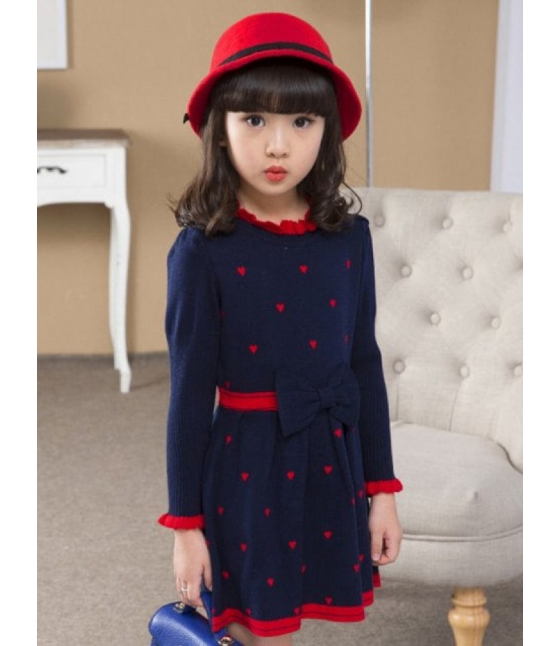 Ruffled Neck Heart Print Knitting Dress