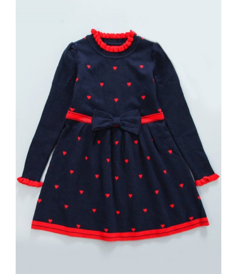 Ruffled Neck Heart Print Knitting Dress