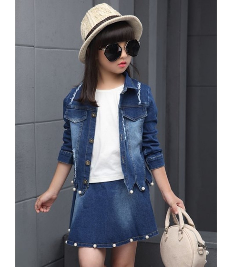 Faux Pearl Embellished Wave Hem Denim Jacket + Skirt Set