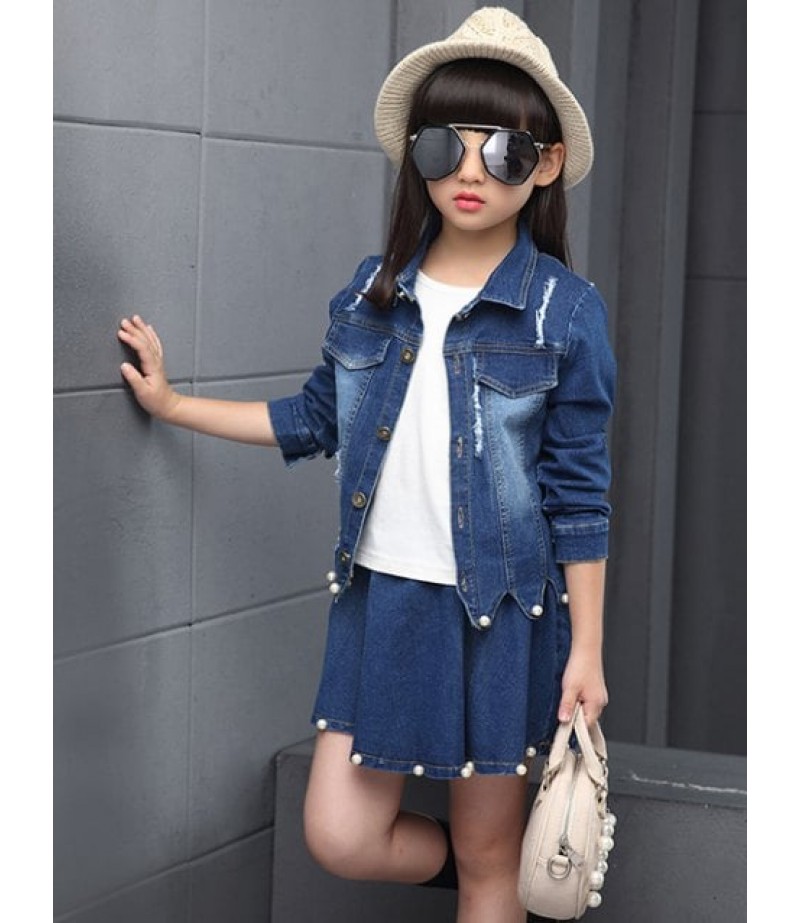 Faux Pearl Embellished Wave Hem Denim Jacket + Skirt Set