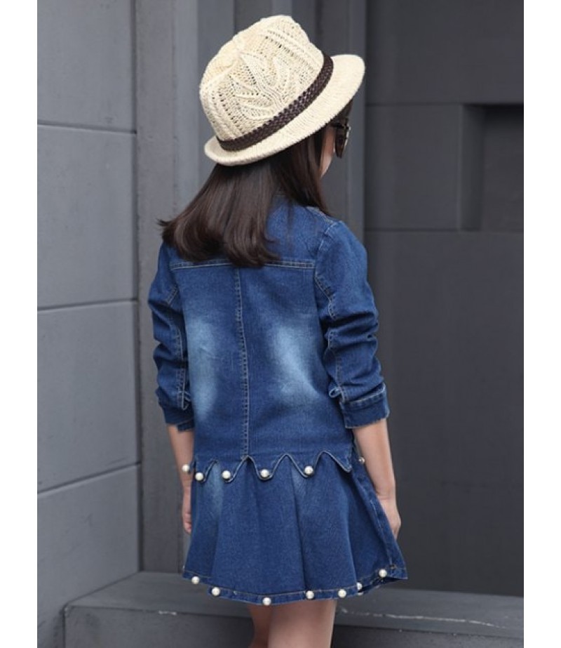 Faux Pearl Embellished Wave Hem Denim Jacket + Skirt Set