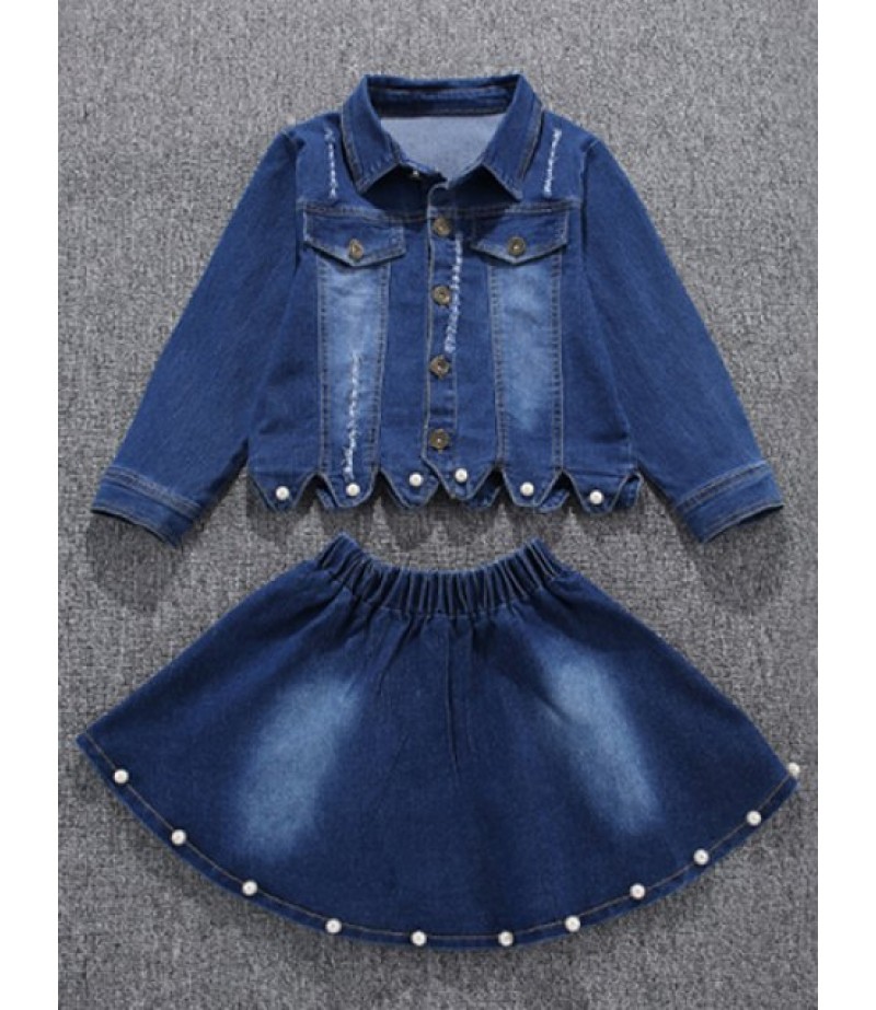 Faux Pearl Embellished Wave Hem Denim Jacket + Skirt Set