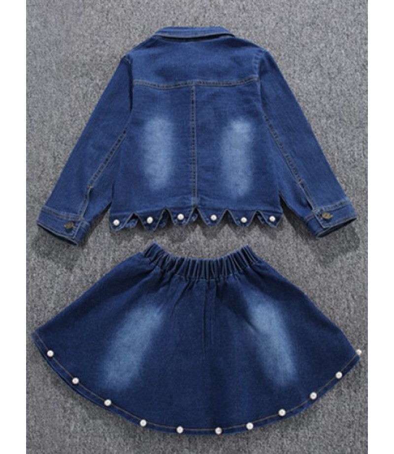 Faux Pearl Embellished Wave Hem Denim Jacket + Skirt Set