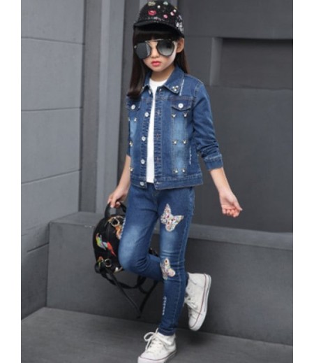 Butterfly Pattern Faux Pearl Denim Jacket + Jeans Twinset