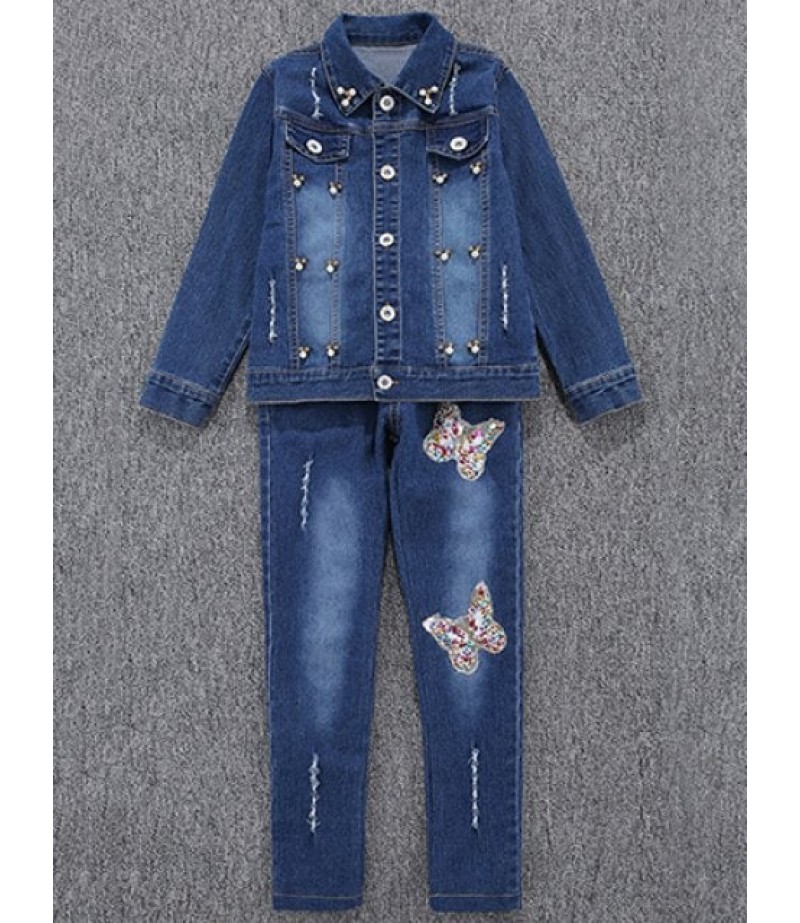 Butterfly Pattern Faux Pearl Denim Jacket + Jeans Twinset