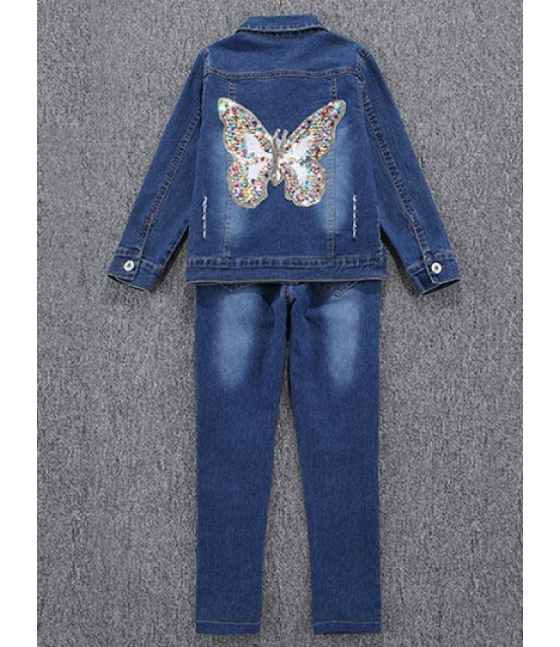 Butterfly Pattern Faux Pearl Denim Jacket + Jeans Twinset