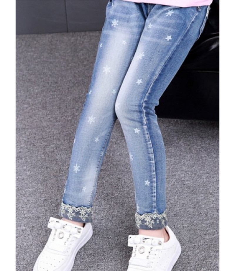 Floral Hem Snowflake and Star Printed Jeans