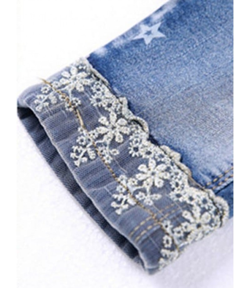 Floral Hem Snowflake and Star Printed Jeans