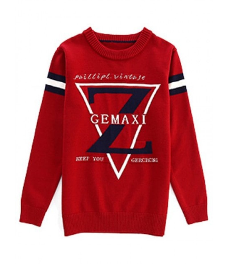 Crew Neck Letter Geometric Pattern Sweater