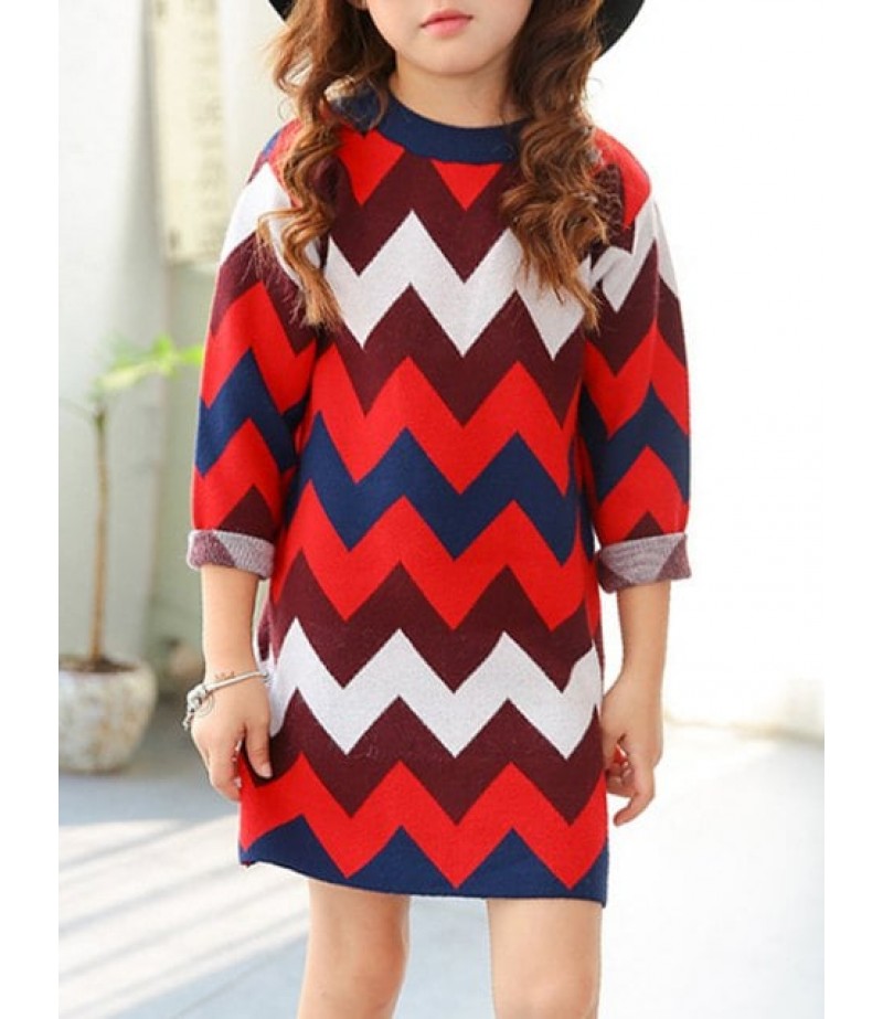 Crew Neck Chevron Striped Knitted Dress