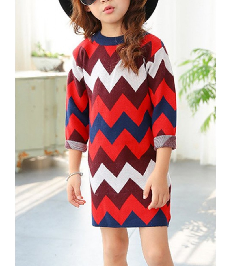 Crew Neck Chevron Striped Knitted Dress