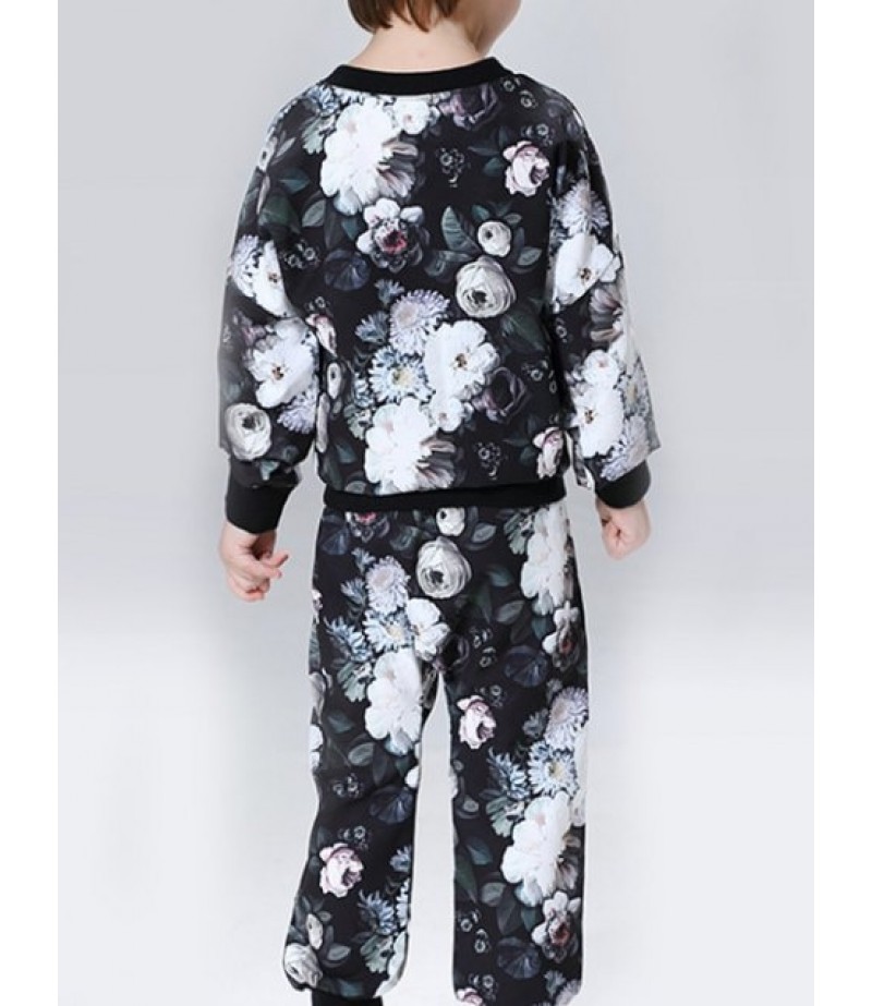 All-Over Floral Printed Sweatshirt + Pants Twinset