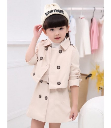 Turn Down Collar Short Trench Coat + Sleeveless Belted Dress