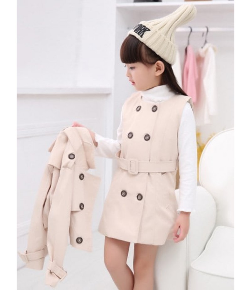 Turn Down Collar Short Trench Coat + Sleeveless Belted Dress