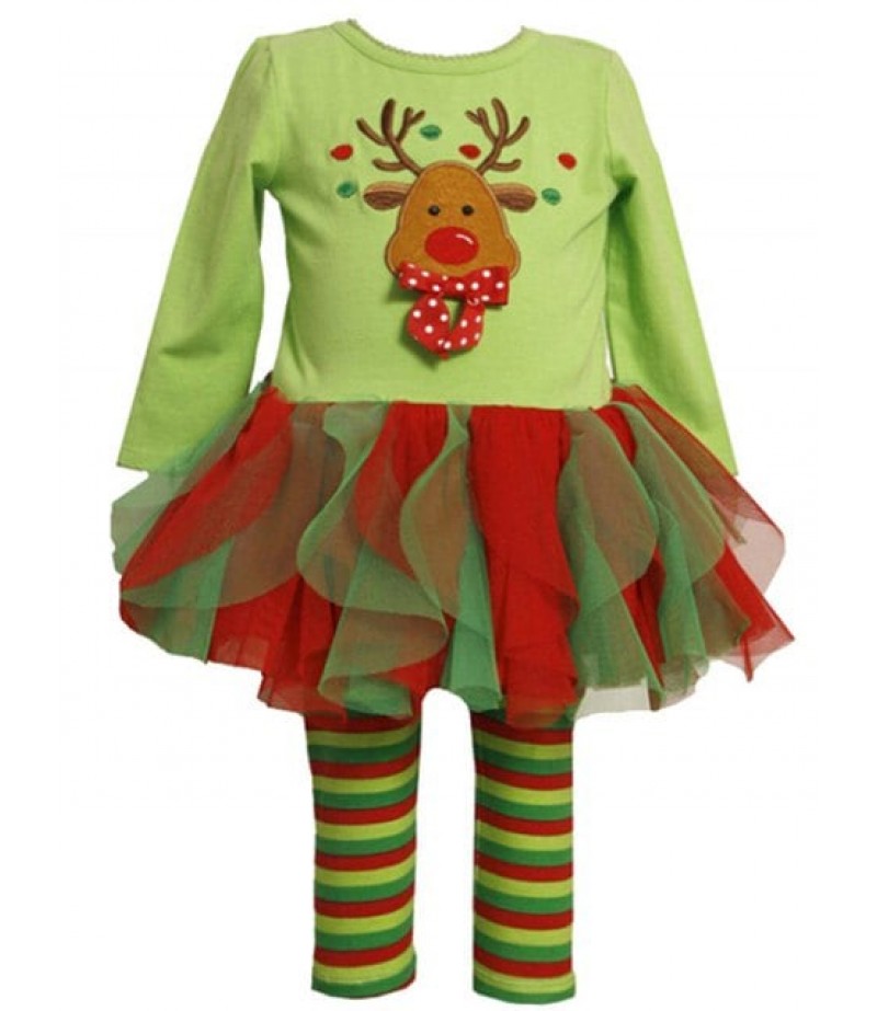 2 Piece Reindeer Embroidery Tulle Dress and Stripe Leggings Set