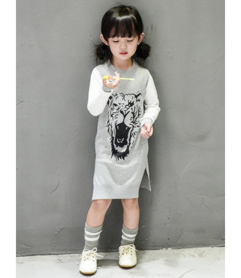 Girls Side Slit Tiger Print Knit Dress