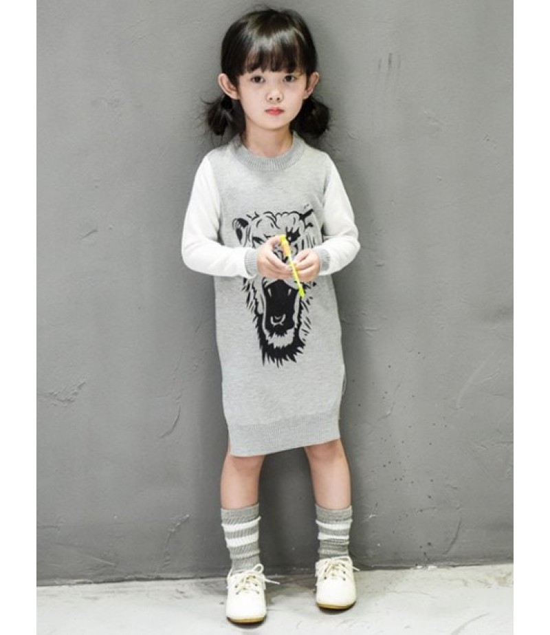 Girls Side Slit Tiger Print Knit Dress