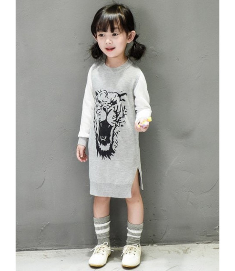 Girls Side Slit Tiger Print Knit Dress