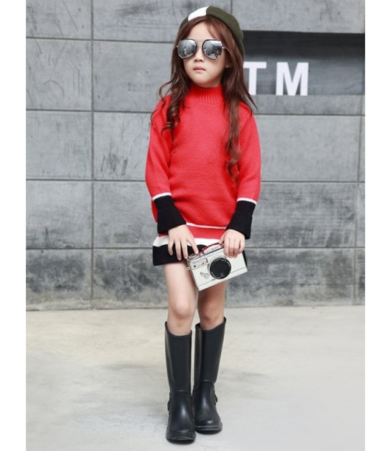 Color Block Stand Collar Knit Dress