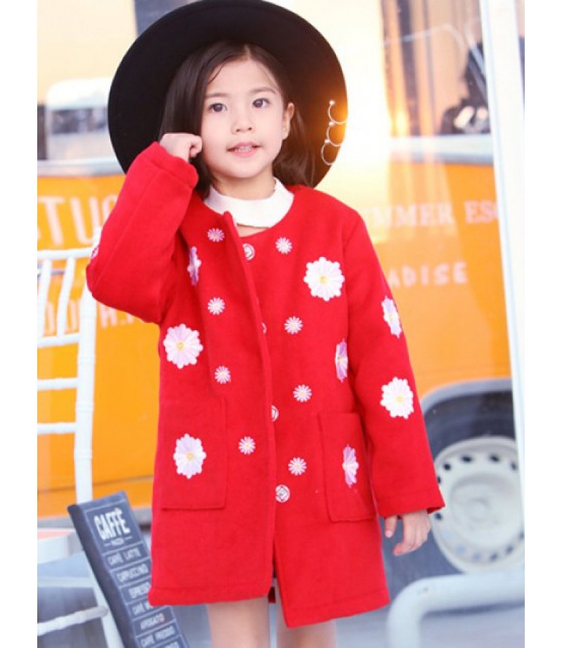 Round Collar Embroidered Thicken Flower Woolen Coat