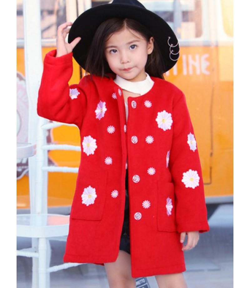 Round Collar Embroidered Thicken Flower Woolen Coat