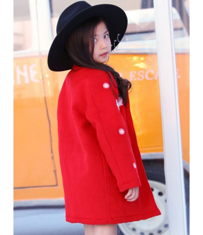 Round Collar Embroidered Thicken Flower Woolen Coat