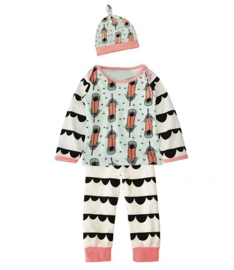 Baby Newborn Toddler Feather Printed Long Sleeve T Shirt Pants Cap 3 Pieces Pajamas Sets