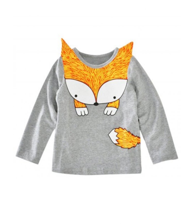 Crew Neck Fox Printed Long Sleeve T Shirt