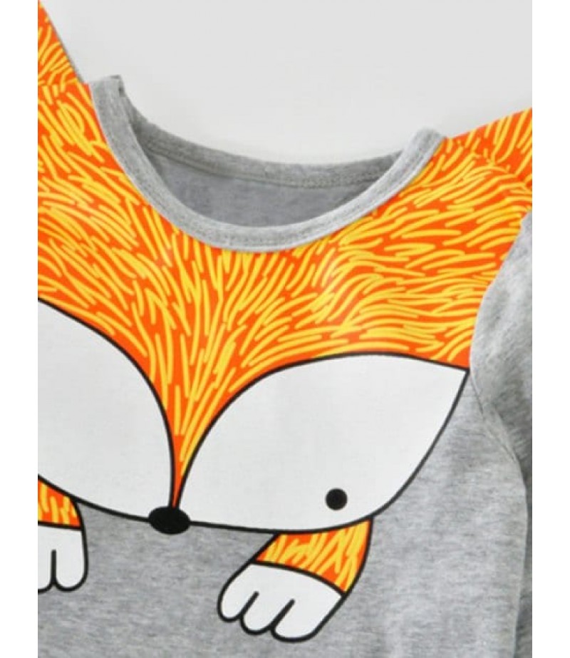 Crew Neck Fox Printed Long Sleeve T Shirt