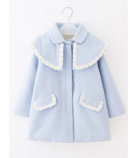 Turn Down Collar Flower Embroidery Woolen Coat